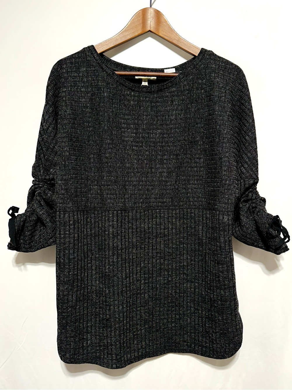 NWT Max Studio Black Grey Ribbed Knit Sweater Ruched Tie Sleeve L